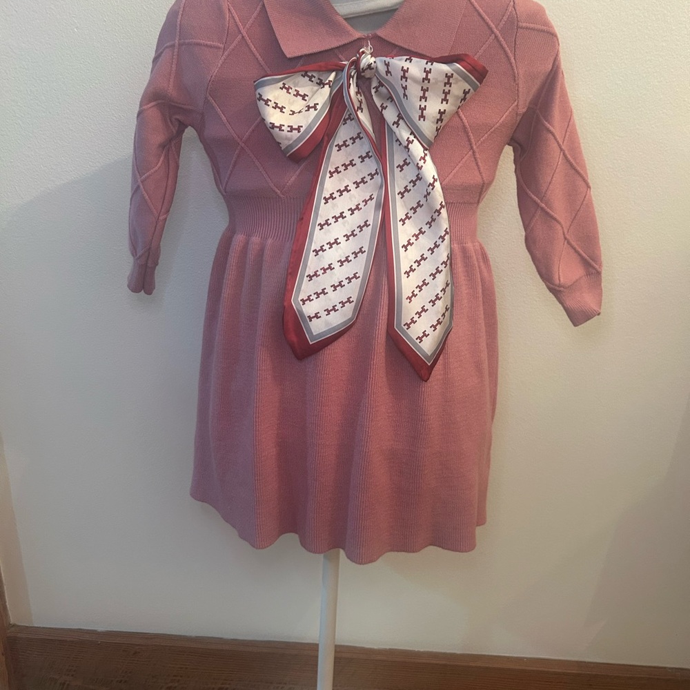 Girls Dusty Rose Knit Dress with Statement Scarf Bow – Size 5